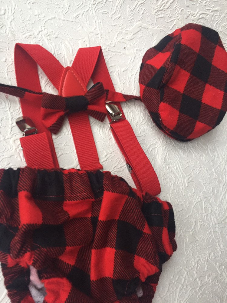 Cake Smash Outfit Boy Girl Buffalo Plaid Set or Buy the Piece Diaper Cover Bow Tie Suspenders Boys First 1st Birthday Lumberjack Photoshoot