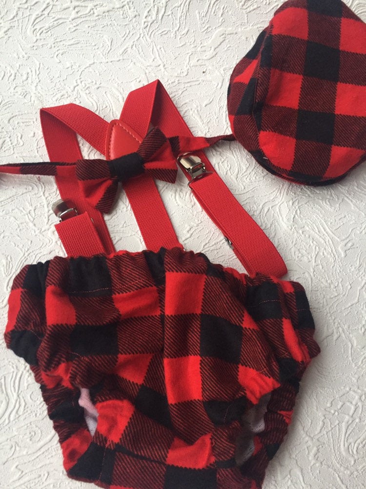 Cake Smash Outfit Boy Girl Buffalo Plaid Set or Buy the Piece Diaper Cover Bow Tie Suspenders Boys First 1st Birthday Lumberjack Photoshoot