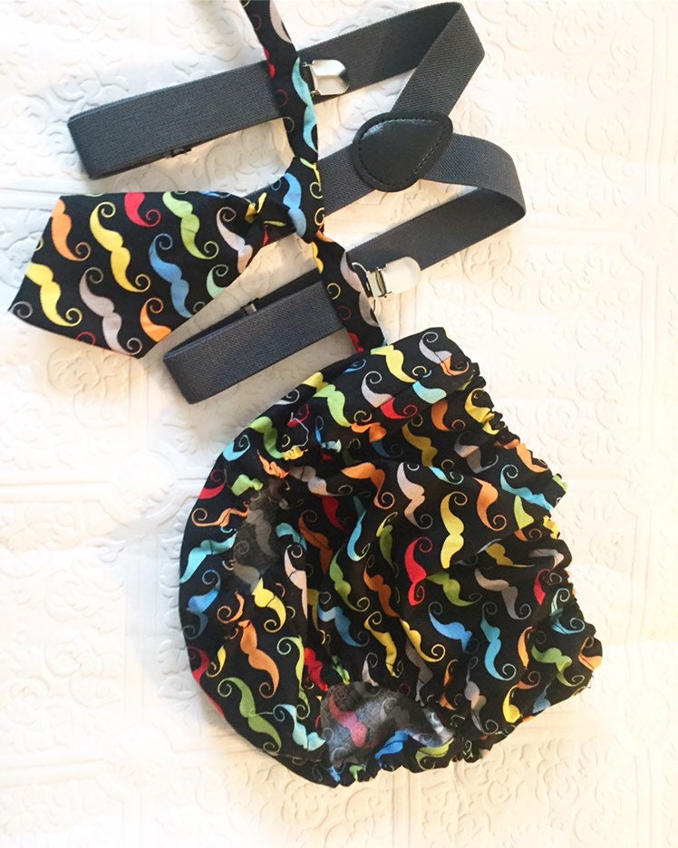 Diaper Cover and Tie Set Birthday Cake Smash Newborn Photo Prop Baby Boy Little Man Colorful Mustaches Black Yellow Orange Green Red Blue