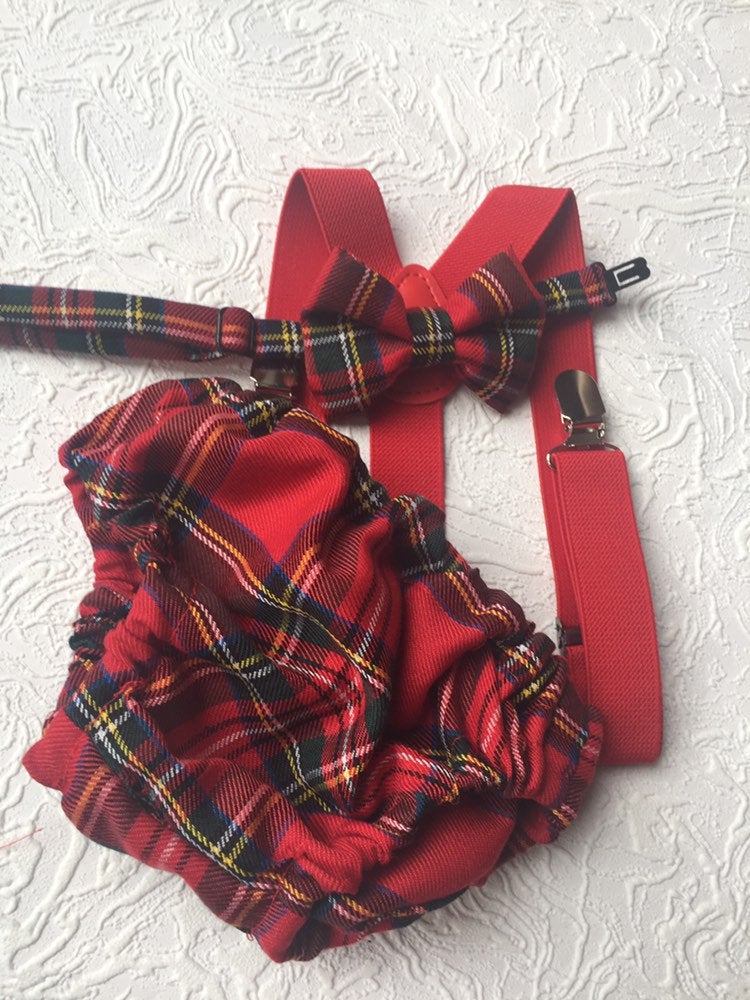 Cake Smash Outfit Boy Girl Buffalo Plaid Set or Buy the Piece Diaper Cover Bow Tie Suspenders Boys First 1st Birthday Tartan Photoshoot