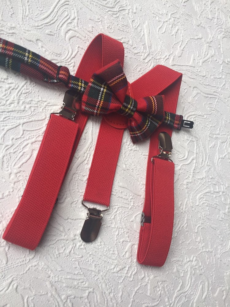 Royal Stewart Tartan Suspenders Bowtie, Red Plaid Bow Tie and Braces, red Braces and Bow Tie, Christmas Photo Prop Boy Suspenders Bowtie