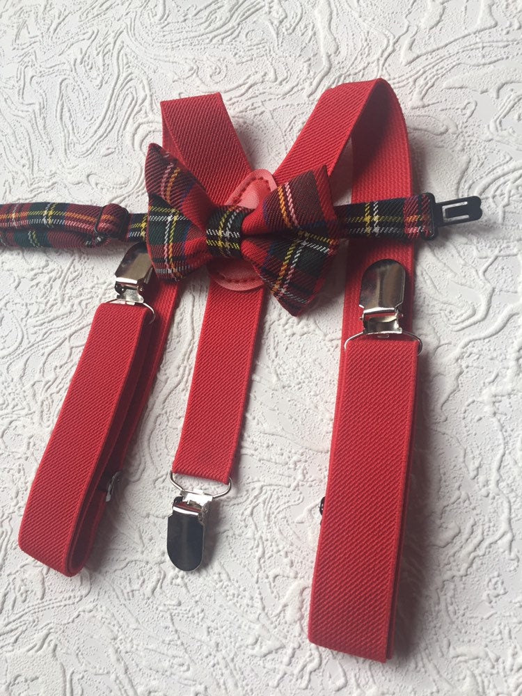 Royal Stewart Tartan Suspenders Bowtie, Red Plaid Bow Tie and Braces, red Braces and Bow Tie, Christmas Photo Prop Boy Suspenders Bowtie