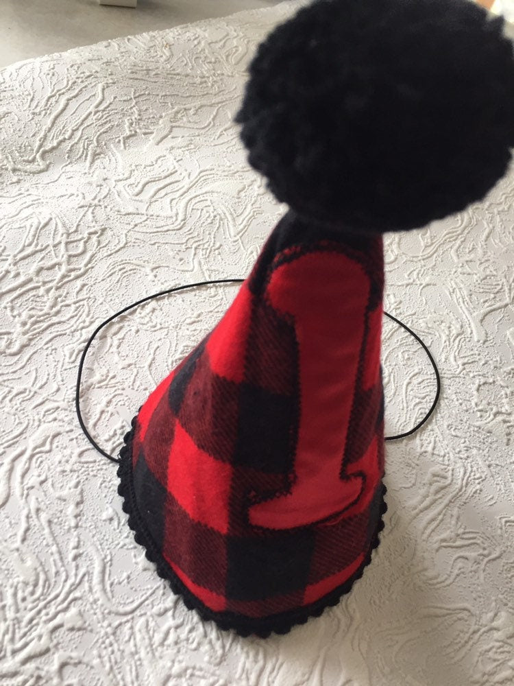 Lumberjack Birthday party hat, buffalo plaid woodland party decor, boy Birthday, Girl Birthday party