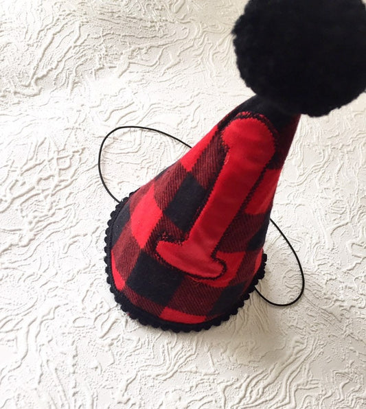 Lumberjack Birthday party hat, buffalo plaid woodland party decor, boy Birthday, Girl Birthday party