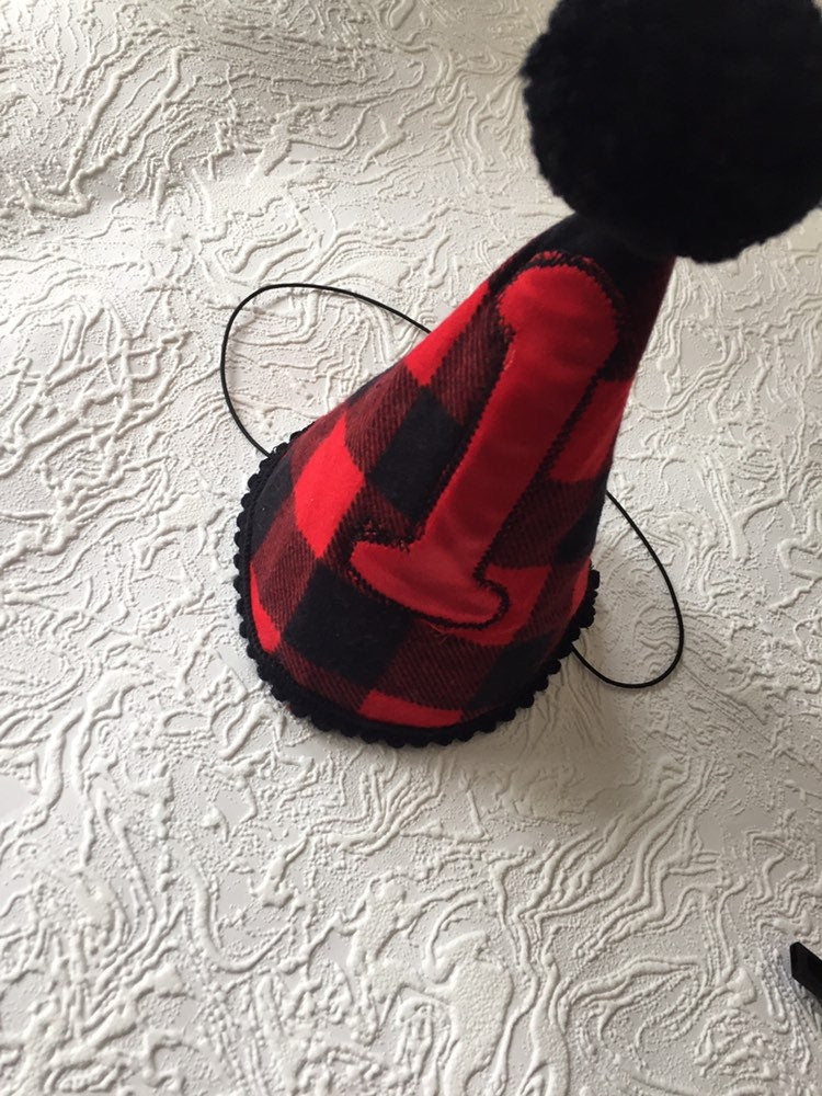 Lumberjack Birthday party hat, buffalo plaid woodland party decor, boy Birthday, Girl Birthday party