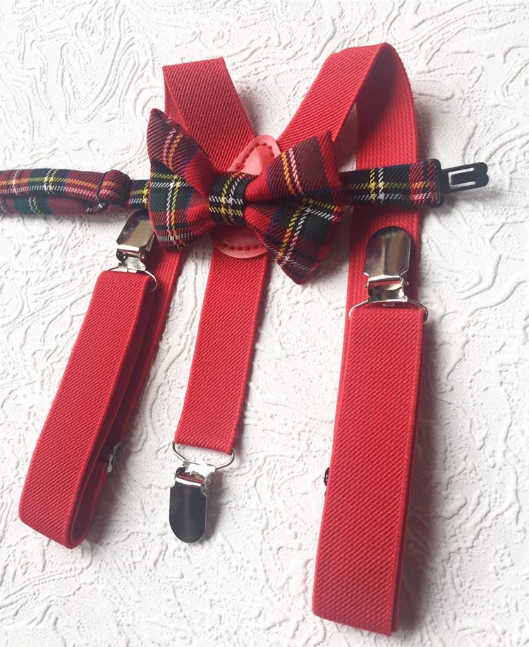 Royal Stewart Tartan Suspenders Bowtie, Red Plaid Bow Tie and Braces, red Braces and Bow Tie, Christmas Photo Prop Boy Suspenders Bowtie