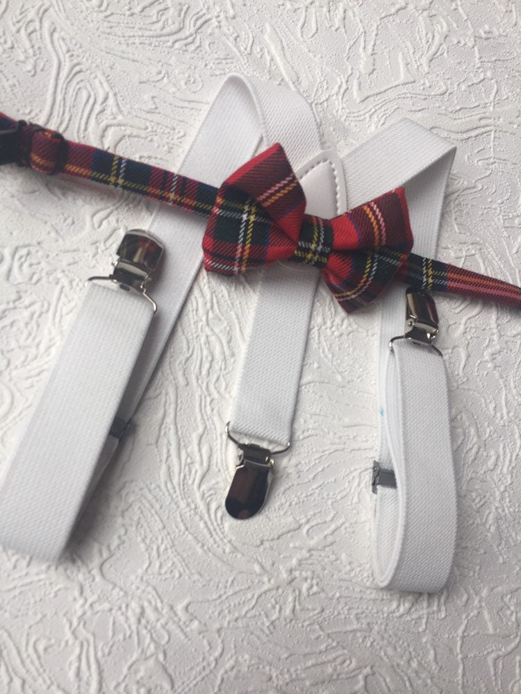 Royal Stewart Tartan Suspenders Bowtie, Red Plaid Bow Tie and Braces, white Braces and Bow Tie, Christmas Photo Prop Boy Suspenders Bow tie
