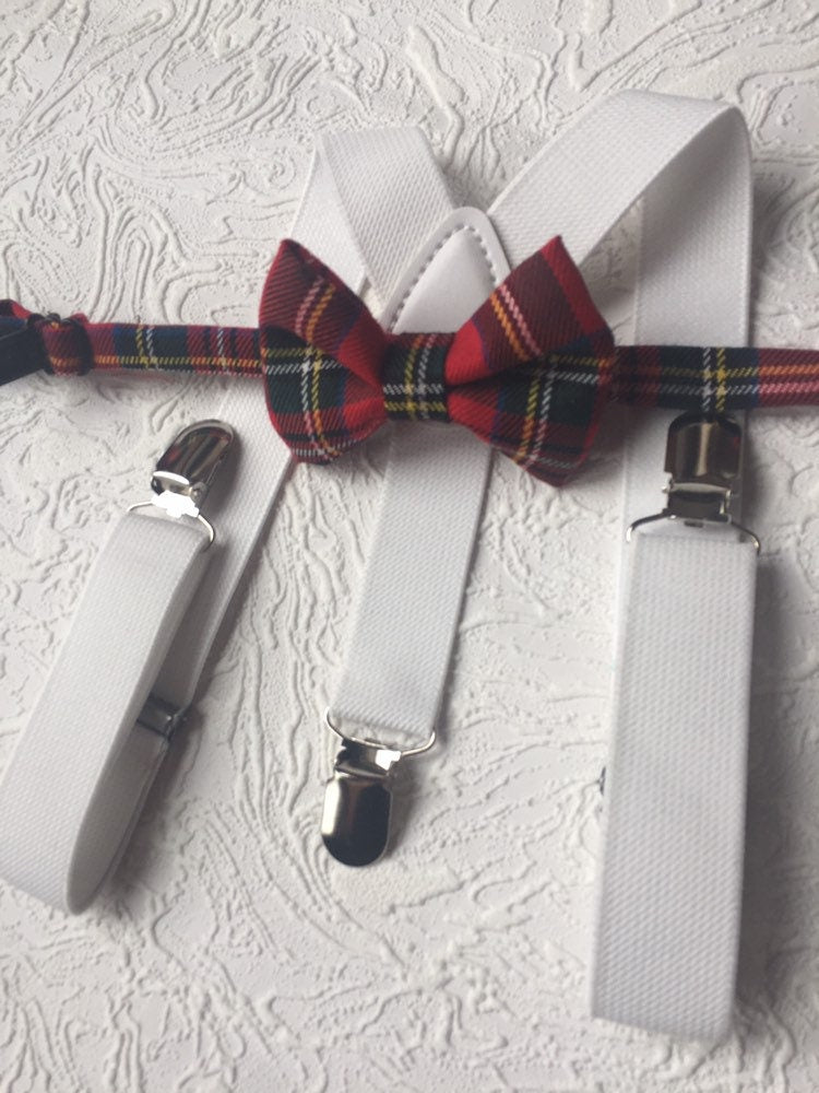 Royal Stewart Tartan Suspenders Bowtie, Red Plaid Bow Tie and Braces, white Braces and Bow Tie, Christmas Photo Prop Boy Suspenders Bow tie