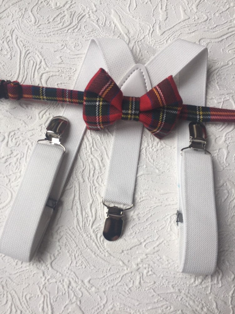 Royal Stewart Tartan Suspenders Bowtie, Red Plaid Bow Tie and Braces, white Braces and Bow Tie, Christmas Photo Prop Boy Suspenders Bow tie