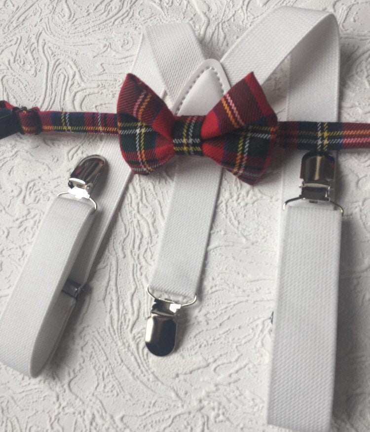 Royal Stewart Tartan Suspenders Bowtie, Red Plaid Bow Tie and Braces, white Braces and Bow Tie, Christmas Photo Prop Boy Suspenders Bow tie