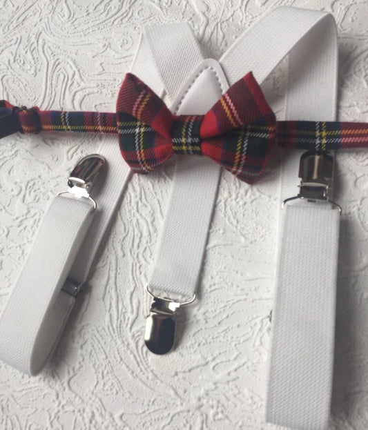 Royal Stewart Tartan Suspenders Bowtie, Red Plaid Bow Tie and Braces, white Braces and Bow Tie, Christmas Photo Prop Boy Suspenders Bow tie