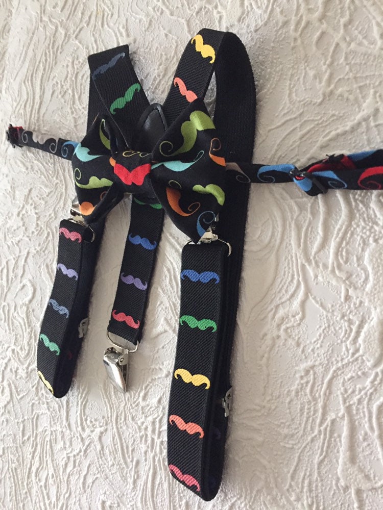 Boys Mustache Bow tie and Suspenders, Baby Moustache Bow tie, Moustache Party, black suspenders, Boys Photo prop, boys birthday outfit
