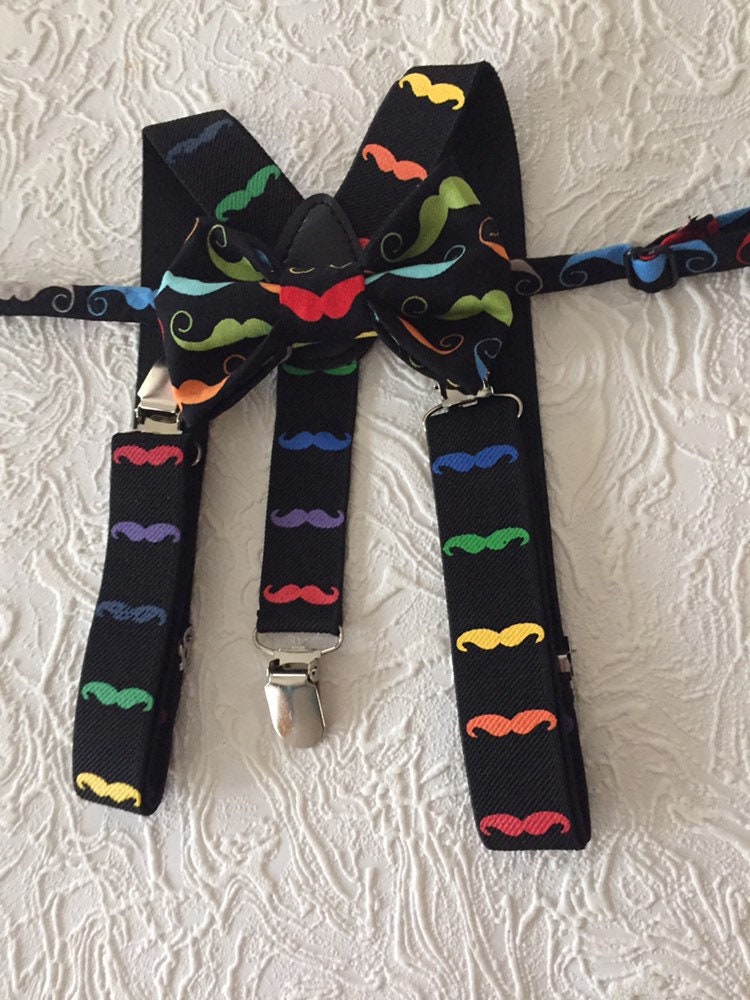 Boys Mustache Bow tie and Suspenders, Baby Moustache Bow tie, Moustache Party, black suspenders, Boys Photo prop, boys birthday outfit