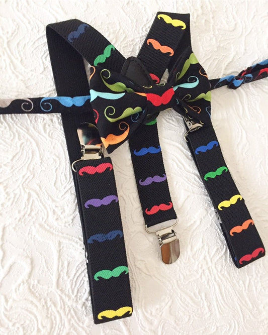 Boys Mustache Bow tie and Suspenders, Baby Moustache Bow tie, Moustache Party, black suspenders, Boys Photo prop, boys birthday outfit