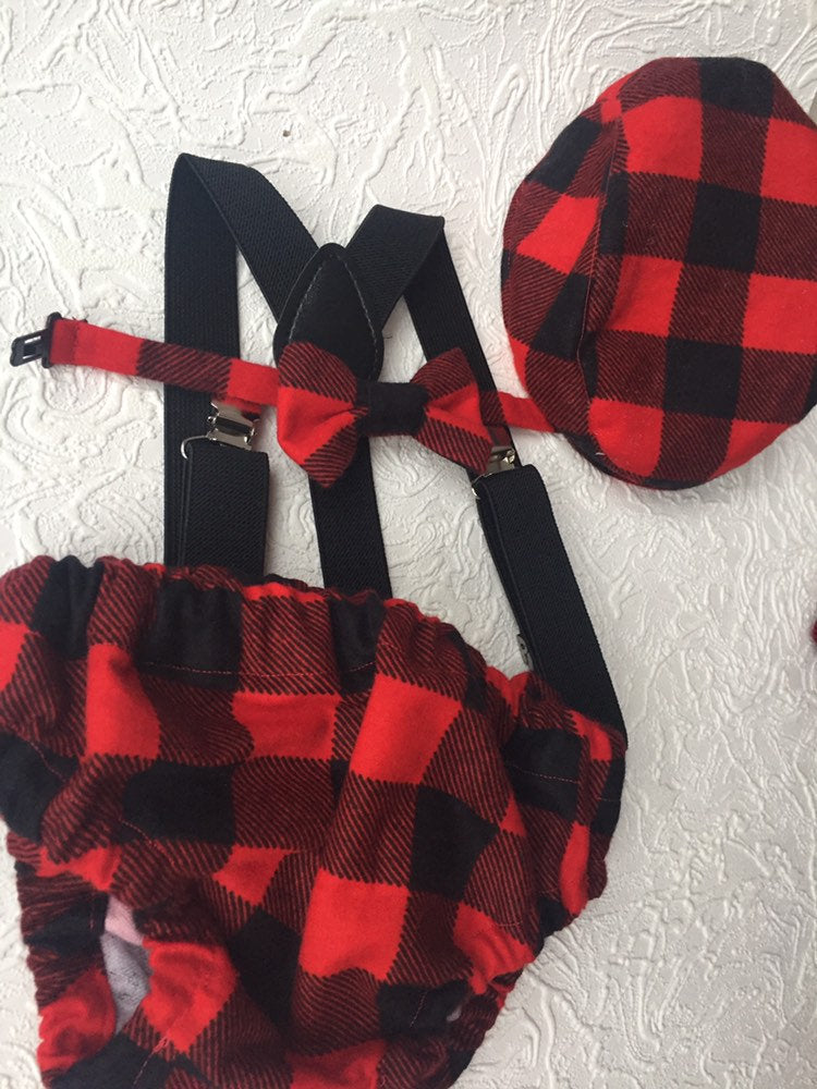 Cake Smash Outfit Boy Girl Buffalo Plaid Set or Buy the Piece Diaper Cover Bow Tie Suspenders Boys First 1st Birthday Lumberjack Photoshoot