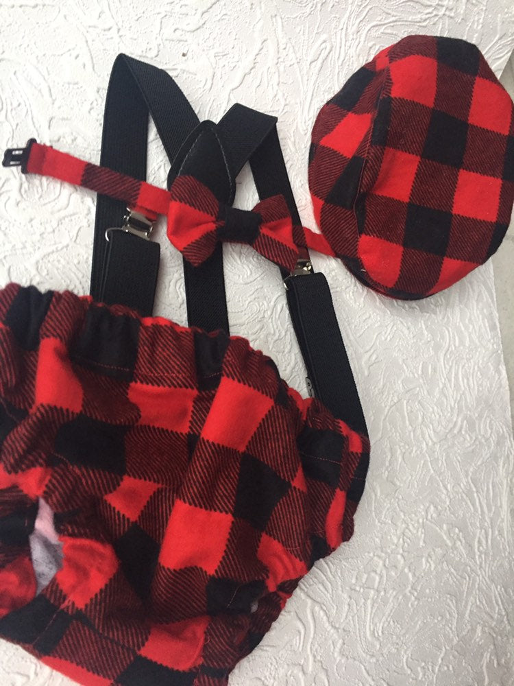 Cake Smash Outfit Boy Girl Buffalo Plaid Set or Buy the Piece Diaper Cover Bow Tie Suspenders Boys First 1st Birthday Lumberjack Photoshoot