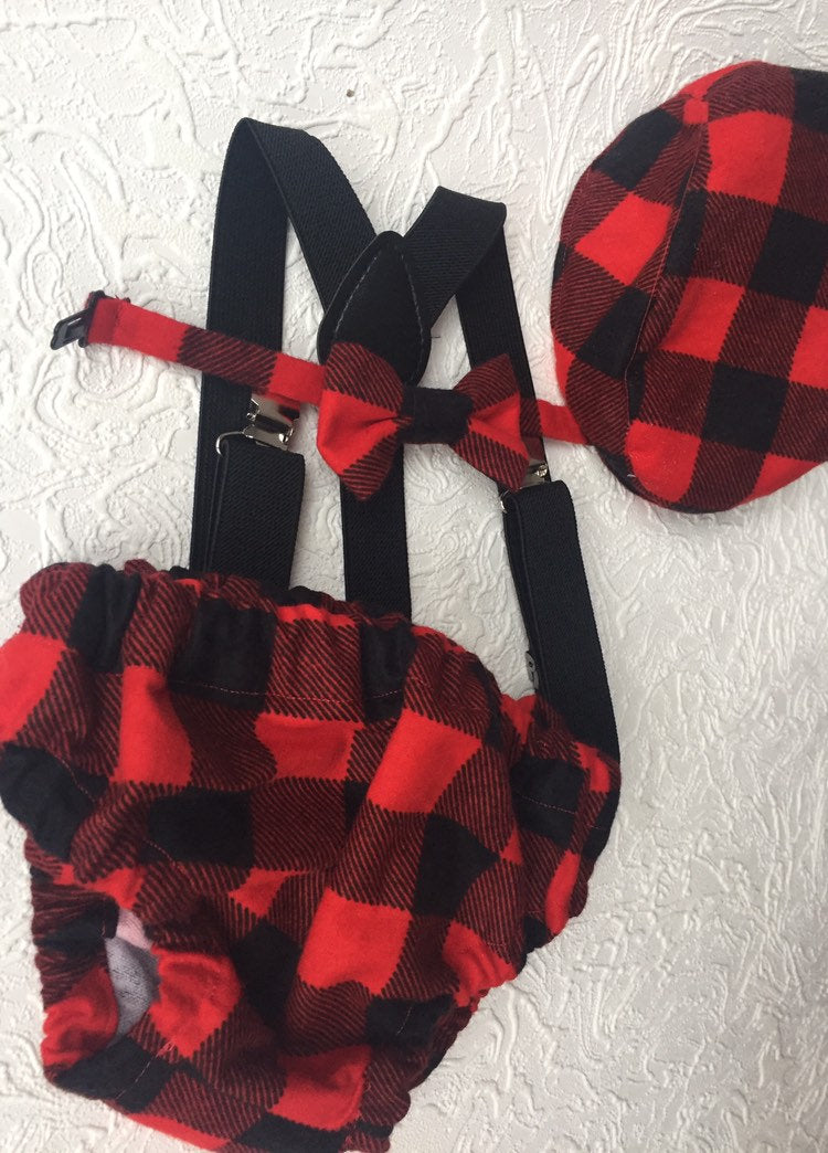 Cake Smash Outfit Boy Girl Buffalo Plaid Set or Buy the Piece Diaper Cover Bow Tie Suspenders Boys First 1st Birthday Lumberjack Photoshoot