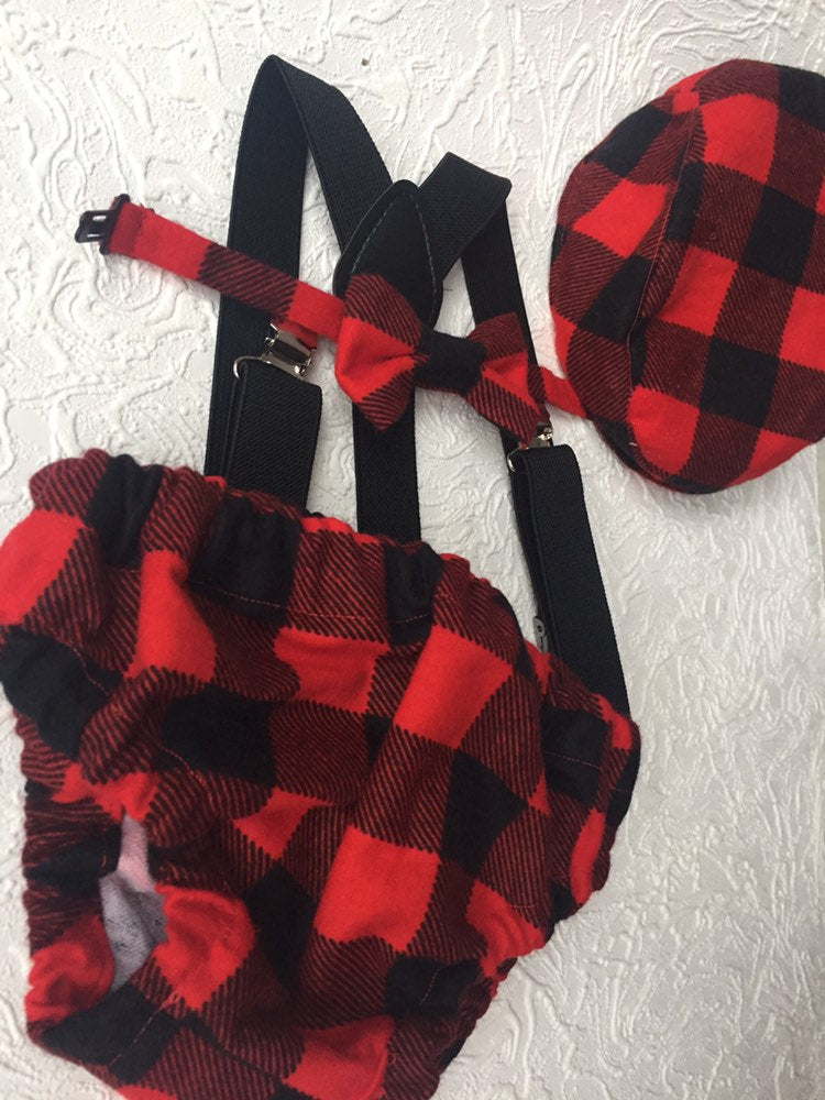 Cake Smash Outfit Boy Girl Buffalo Plaid Set or Buy the Piece Diaper Cover Bow Tie Suspenders Boys First 1st Birthday Lumberjack Photoshoot