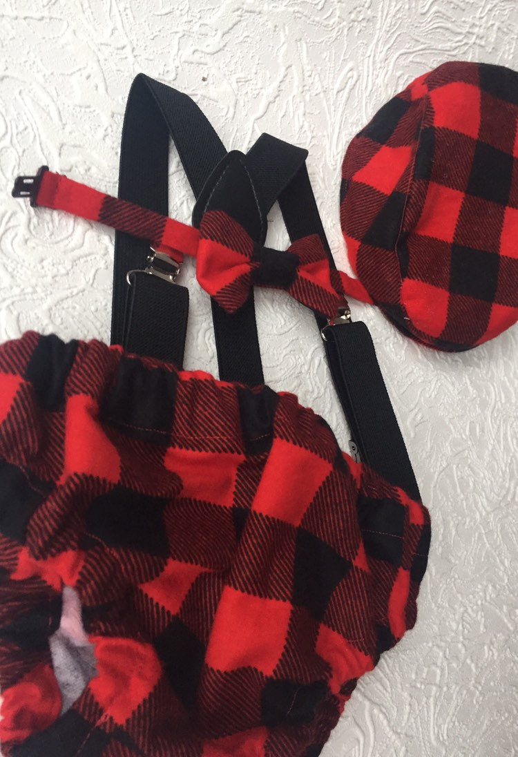 Cake Smash Outfit Boy Girl Buffalo Plaid Set or Buy the Piece Diaper Cover Bow Tie Suspenders Boys First 1st Birthday Lumberjack Photoshoot