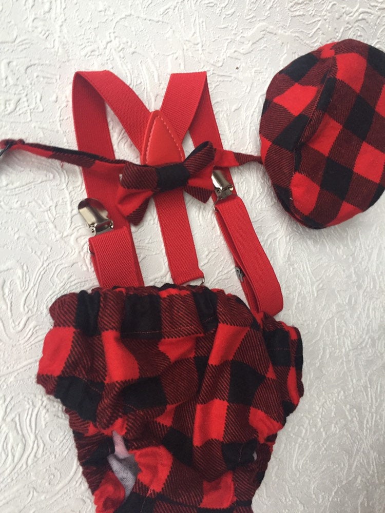 Cake Smash Outfit Boy Girl Buffalo Plaid Set or Buy the Piece Diaper Cover Bow Tie Suspenders Boys First 1st Birthday Lumberjack Photoshoot