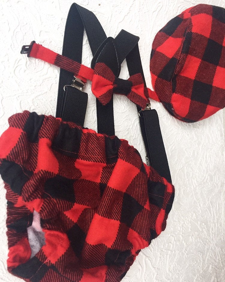 Cake Smash Outfit Boy Girl Buffalo Plaid Set or Buy the Piece Diaper Cover Bow Tie Suspenders Boys First 1st Birthday Lumberjack Photoshoot