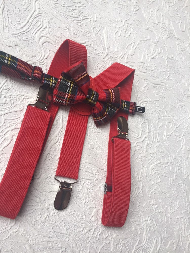 Royal Stewart Tartan Suspenders Bowtie, Red Plaid Bow Tie and Braces, red Braces and Bow Tie, Christmas Photo Prop Boy Suspenders Bowtie