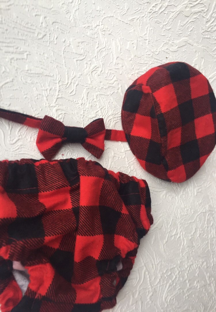 Cake Smash Outfit Boy Buffalo Plaid Set or Buy the Piece Diaper Cover Bow Tie Newboy hat Boys First 1st Birthday Lumberjack Photoshoot