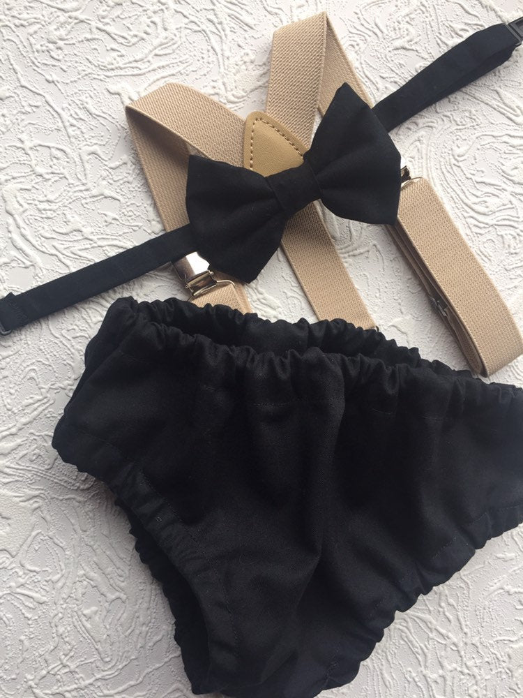 Cake Smash Boy Outfit, Birthday Boy, Black Diaper Cover, Bowtie, Suspender, First Birthday Boy, Boys 1st Birthday