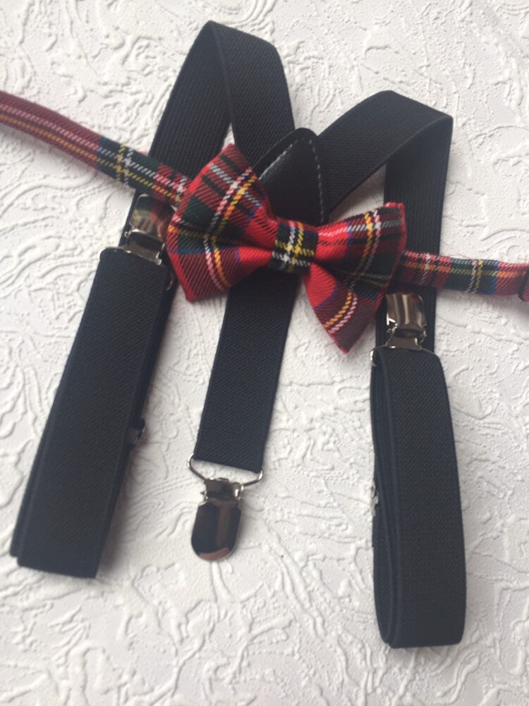 Royal Stewart Tartan Suspenders Bowtie, Red Plaid Bow Tie and Braces, black Braces and Bow Tie, Christmas Photo Prop Boy Suspenders Bow tie