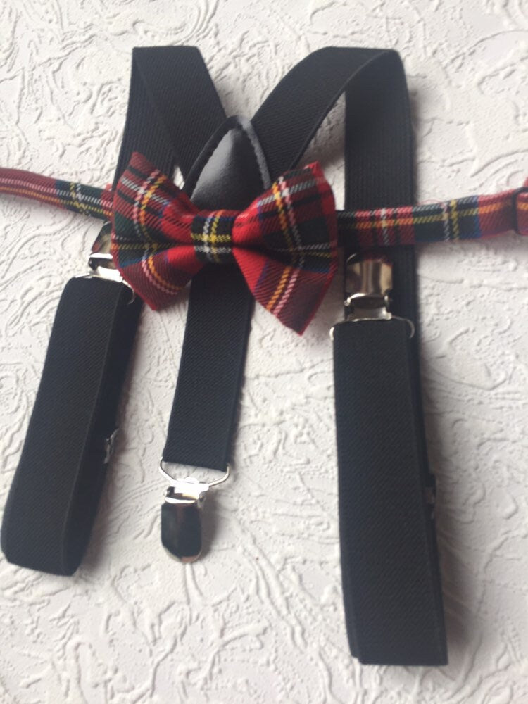 Royal Stewart Tartan Suspenders Bowtie, Red Plaid Bow Tie and Braces, black Braces and Bow Tie, Christmas Photo Prop Boy Suspenders Bow tie