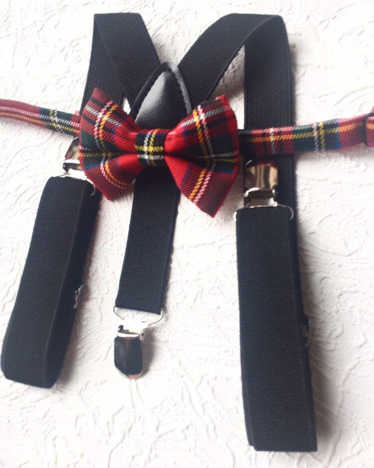 Royal Stewart Tartan Suspenders Bowtie, Red Plaid Bow Tie and Braces, black Braces and Bow Tie, Christmas Photo Prop Boy Suspenders Bow tie