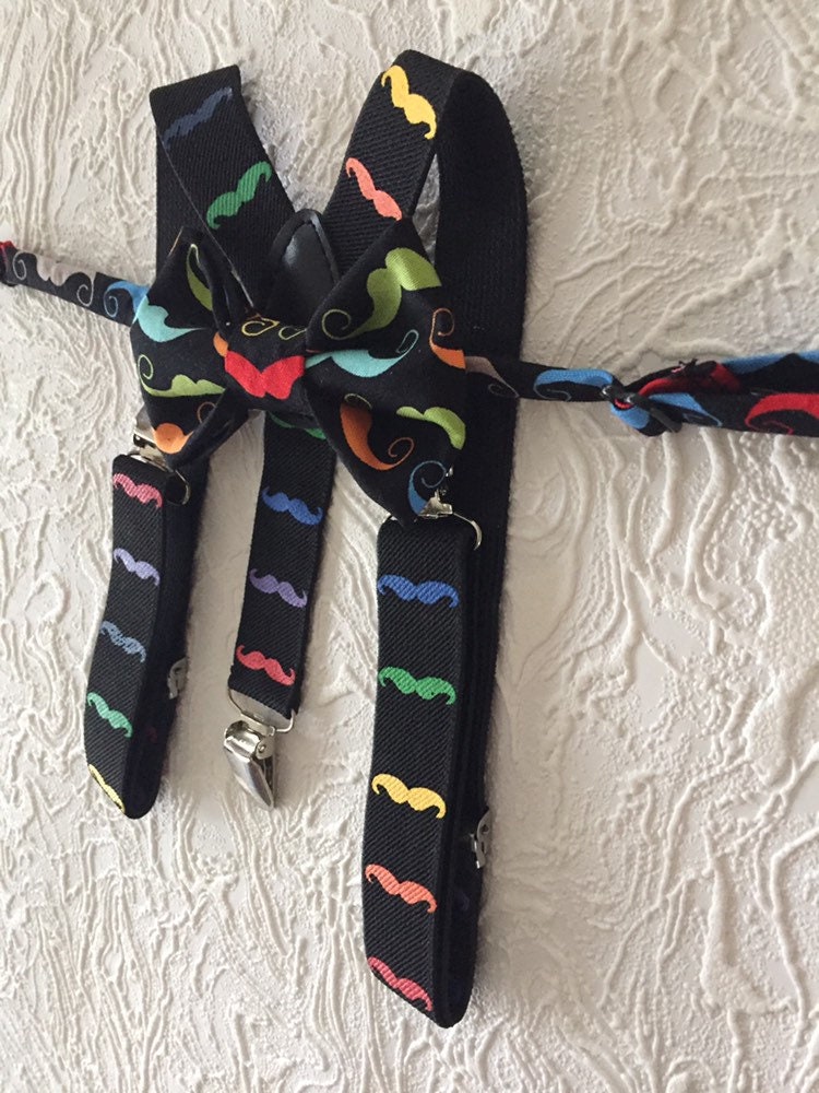 Boys Mustache Bow tie and Suspenders, Baby Moustache Bow tie, Moustache Party, black suspenders, Boys Photo prop, boys birthday outfit