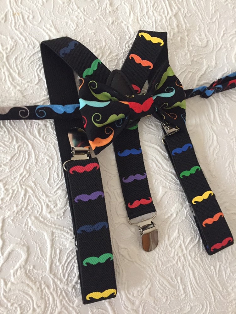 Boys Mustache Bow tie and Suspenders, Baby Moustache Bow tie, Moustache Party, black suspenders, Boys Photo prop, boys birthday outfit