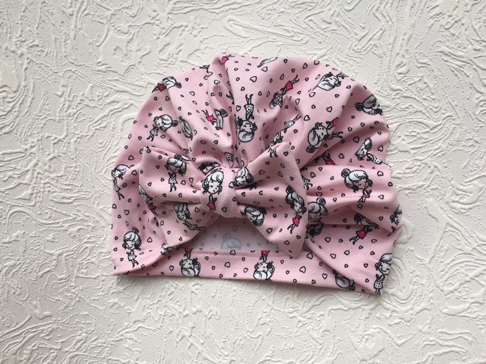 Baby Turban Hat, Newborn Turbans, Baby Girl Hair Bow, Pink Hair Bow, Baby Shower Gift, Valentines Day Gift, Hat with Bow