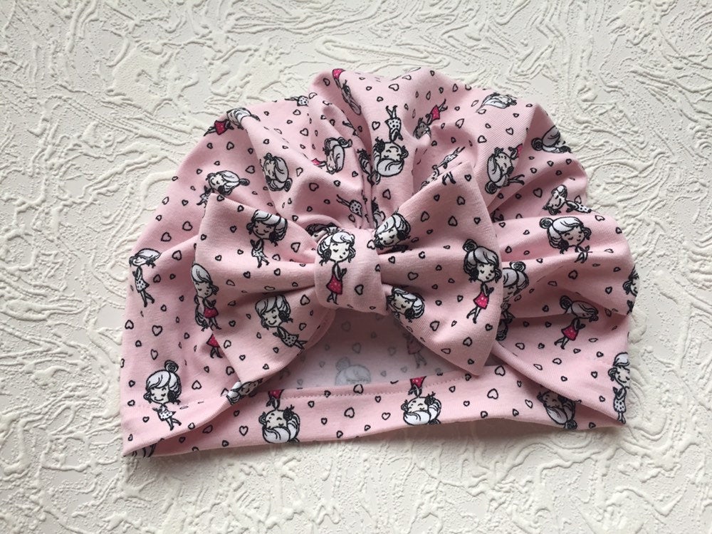 Baby Turban Hat, Newborn Turbans, Baby Girl Hair Bow, Pink Hair Bow, Baby Shower Gift, Valentines Day Gift, Hat with Bow