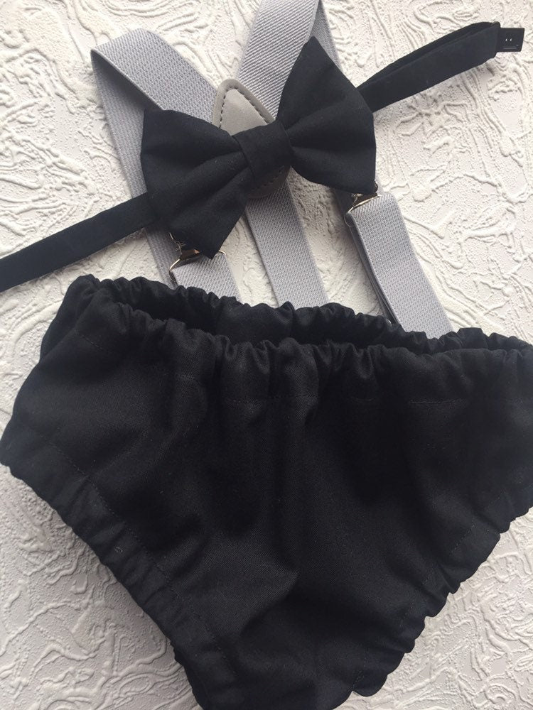 Cake Smash Boy Outfit, Birthday Boy, Black Diaper Cover, Bowtie, Suspender, First Birthday Boy, Boys 1st Birthday