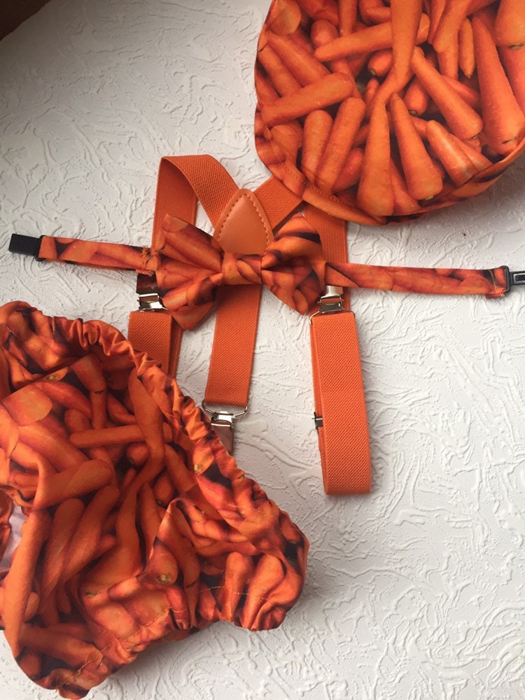 Orange Cake Smash Outfit Boy — 1sth Birthday Outfit Boy — Orange Diaper Cover & Orange Bow Tie with RED Suspenders