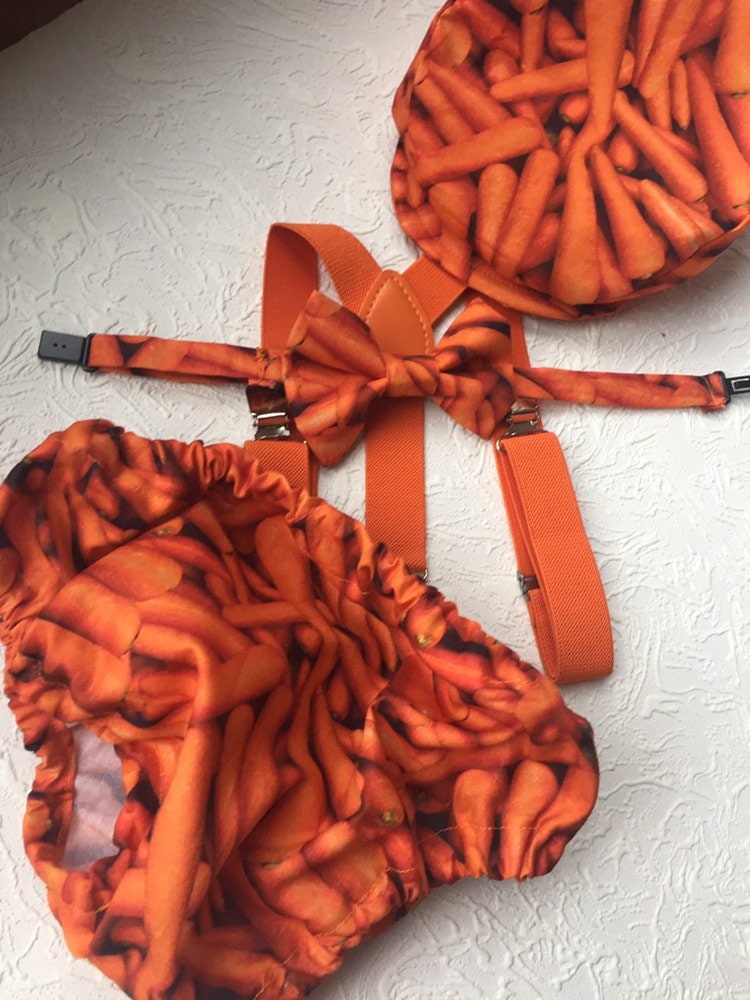 Orange Cake Smash Outfit Boy — 1sth Birthday Outfit Boy — Orange Diaper Cover & Orange Bow Tie with RED Suspenders
