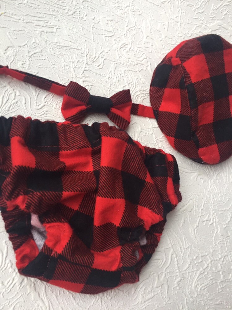 Cake Smash Outfit Boy Buffalo Plaid Set or Buy the Piece Diaper Cover Bow Tie Newboy hat Boys First 1st Birthday Lumberjack Photoshoot