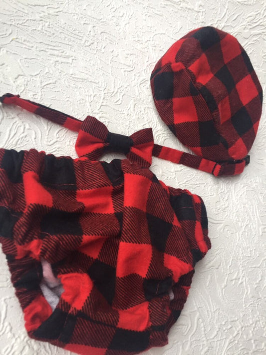 Cake Smash Outfit Boy Buffalo Plaid Set or Buy the Piece Diaper Cover Bow Tie Newboy hat Boys First 1st Birthday Lumberjack Photoshoot
