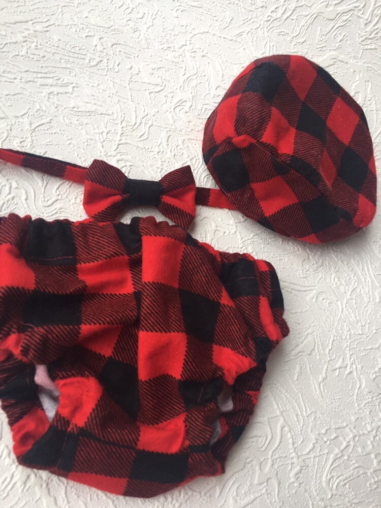 Cake Smash Outfit Boy Buffalo Plaid Set or Buy the Piece Diaper Cover Bow Tie Newboy hat Boys First 1st Birthday Lumberjack Photoshoot