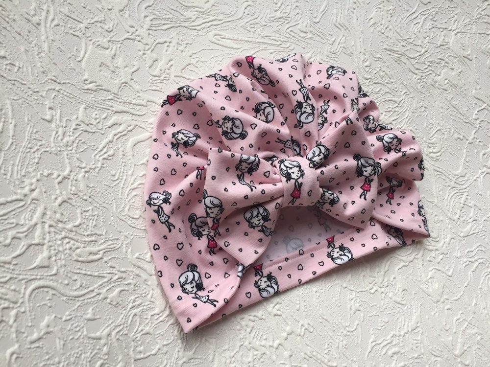 Baby Turban Hat, Newborn Turbans, Baby Girl Hair Bow, Pink Hair Bow, Baby Shower Gift, Valentines Day Gift, Hat with Bow