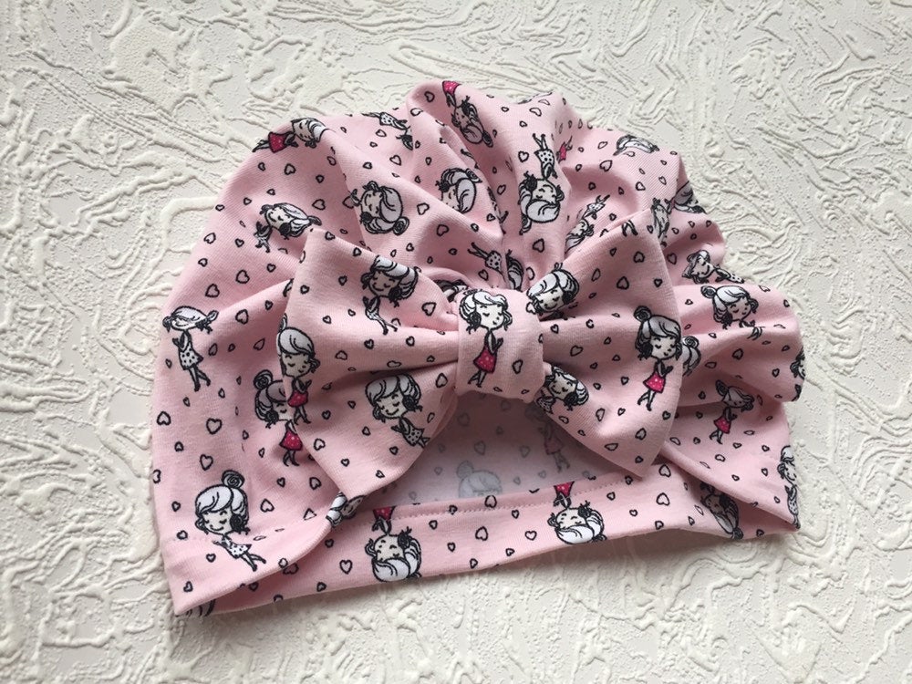 Baby Turban Hat, Newborn Turbans, Baby Girl Hair Bow, Pink Hair Bow, Baby Shower Gift, Valentines Day Gift, Hat with Bow