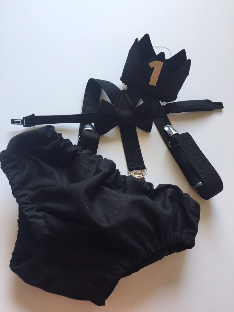 Cake Smash Boy First Birthday super soft black cotton Diaper Cover,black Suspenders,black bow tie, Birthday Photoshoot