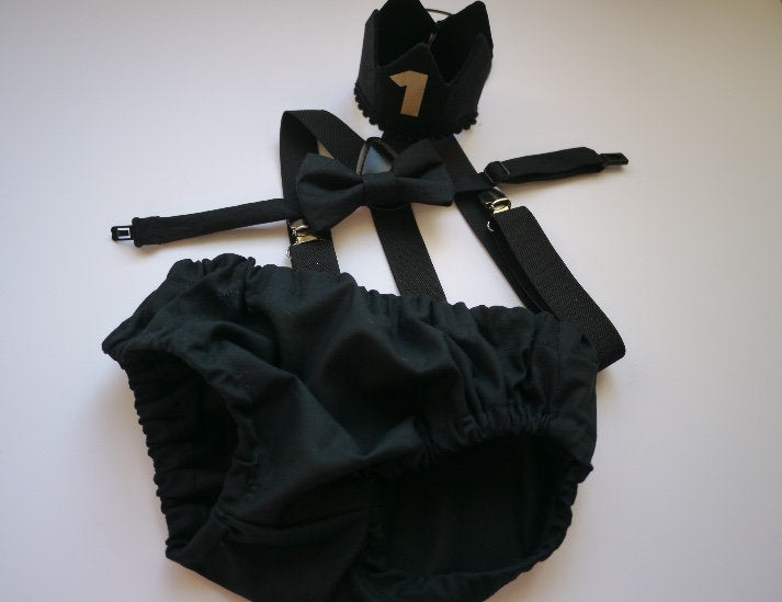 Cake Smash Boy First Birthday super soft black cotton Diaper Cover,black Suspenders,black bow tie, Birthday Photoshoot