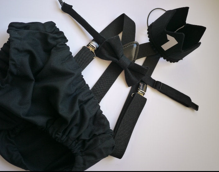 Cake Smash Boy First Birthday super soft black cotton Diaper Cover,black Suspenders,black bow tie, Birthday Photoshoot