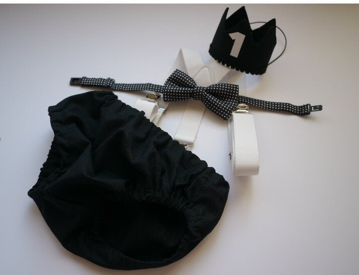 Cake Smash Boy Outfit,Black and White 1st Birthday Boy, Black Diaper Cover, Bowtie, Suspender, gold suspenders, First Birthday Boy, Boys 1st