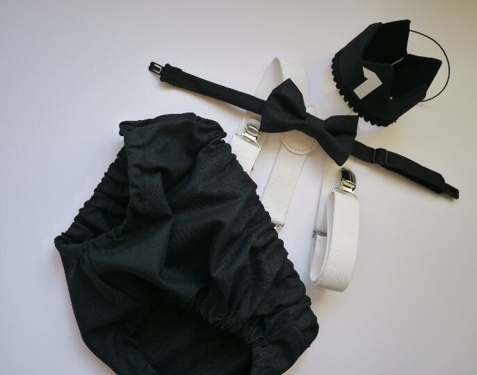 Cake Smash Boy Outfit,Black and White 1st Birthday Boy, Black Diaper Cover, Bowtie, Suspender, gold suspenders, First Birthday Boy, Boys 1st