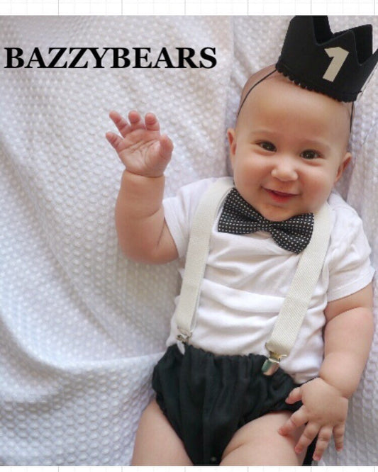 Cake Smash Boy Outfit,Black and White 1st Birthday Boy, Black Diaper Cover, Bowtie, Suspender, gold suspenders, First Birthday Boy, Boys 1st