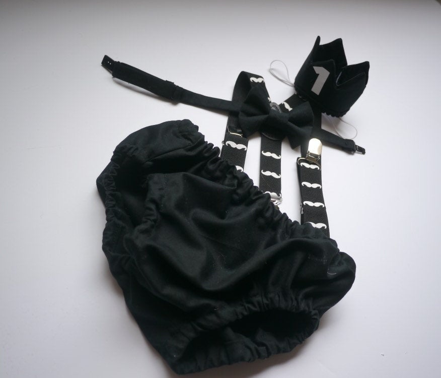 Cake Smash Boy First Birthday super soft black cotton Diaper Cover,black Suspenders,black bow tie, Birthday Photoshoot